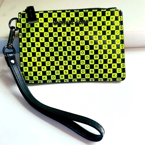 Unisex Micheal Kors Neon Checkerboard Logo Leather Coin Purse - Picture 1 of 8